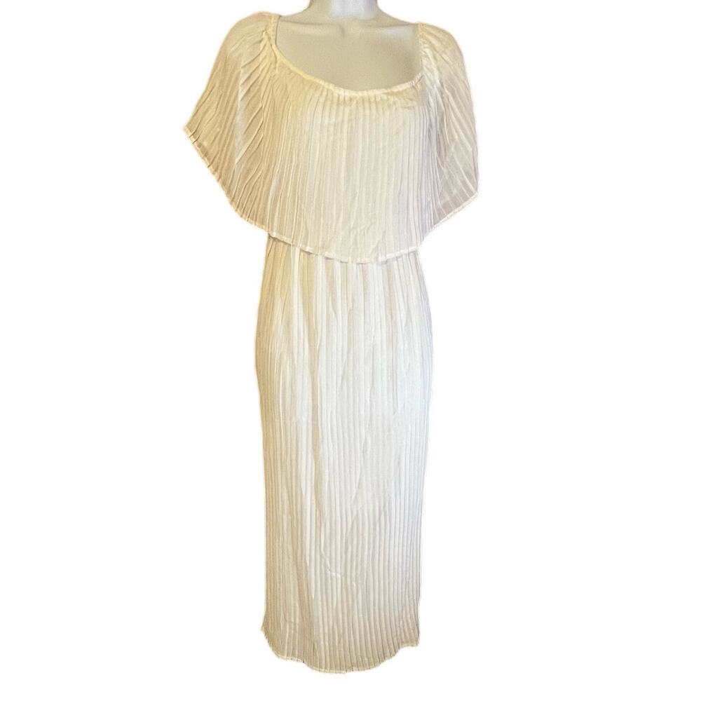 Off Shoulder Pleated Sleeveless Ruffle Hem Beach Party Maxi Dress White Size 2XL